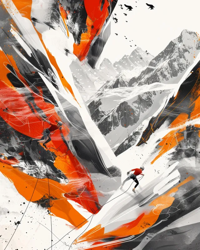 A female sport climber climbs a steep route wall while orange and white paint-like shapes swirl around snowy mountains.