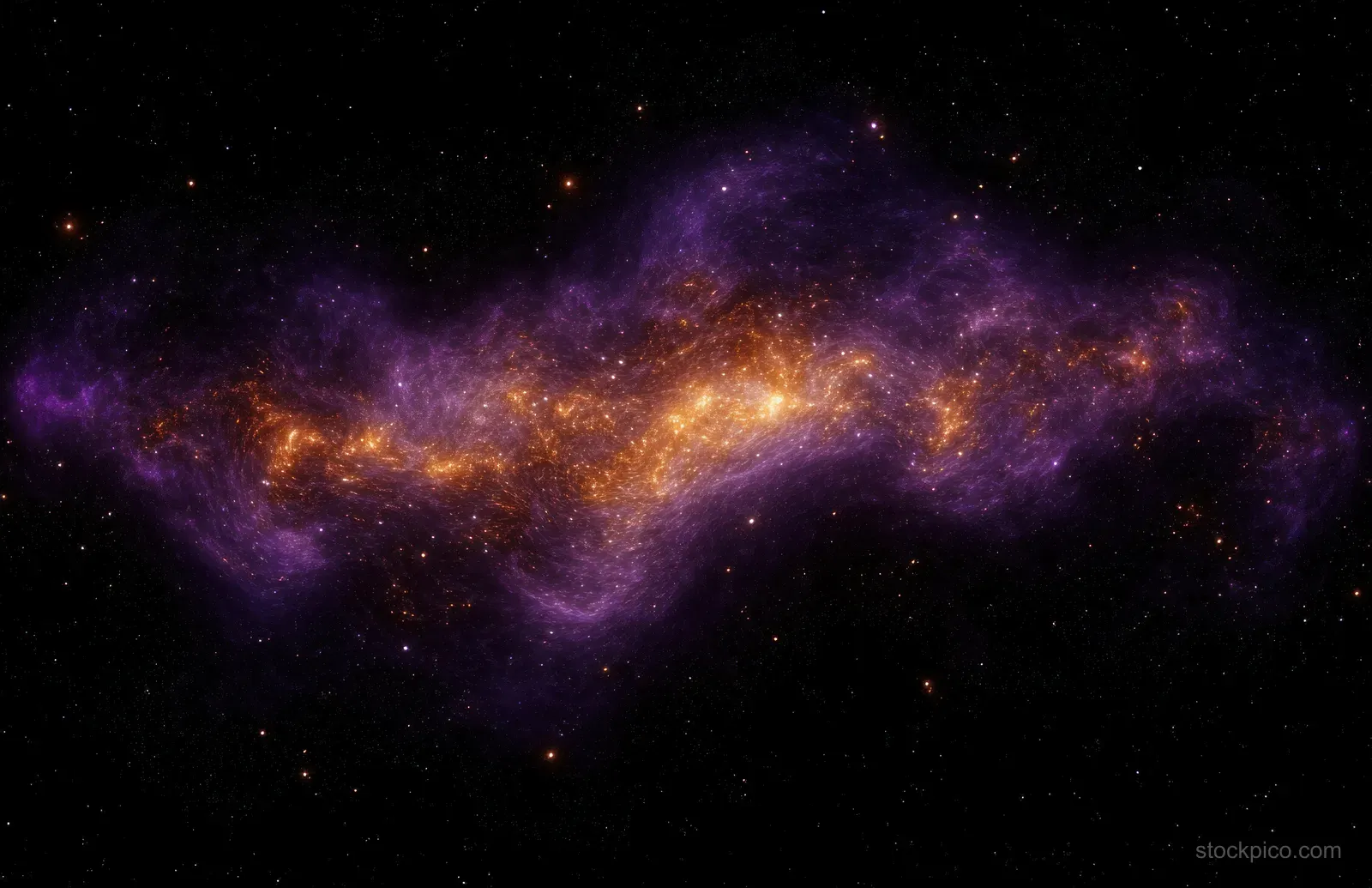 Purple and orange glowing nebula with swirling gas and bright star clusters across a dark space background.