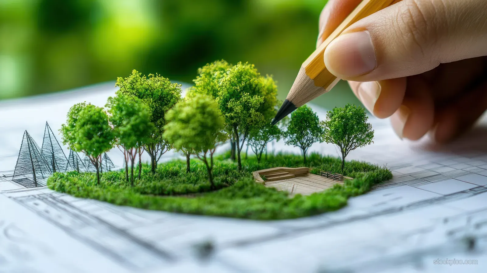 A hand draws miniature trees on a sustainability blueprint with a vivid green outdoor background blur.
