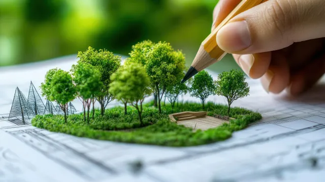 A hand draws miniature trees on a sustainability blueprint with a vivid green outdoor background blur.
