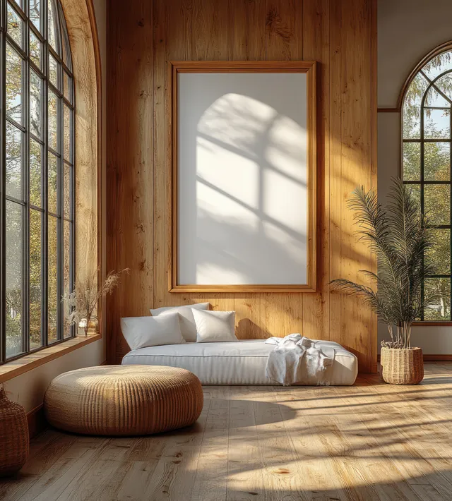 An empty wooden picture frame hangs in a cozy living room with sunlit window shadows across the floor.