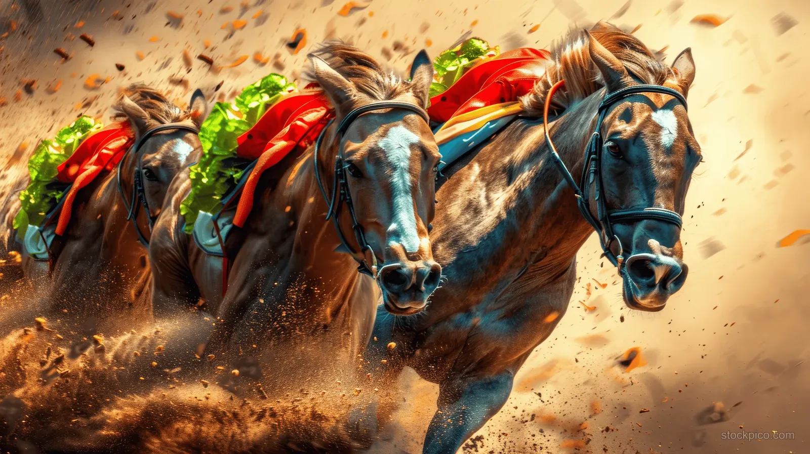 Three racehorses gallop on a dusty track while colorful red and green decorations trail in the background.