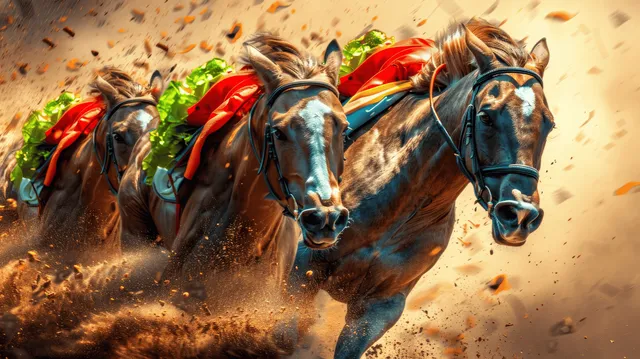 Three racehorses gallop on a dusty track while colorful red and green decorations trail in the background.