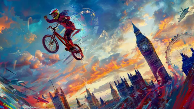 A female BMX rider performs a mid-air trick above iconic London landmarks in a vibrant urban setting.