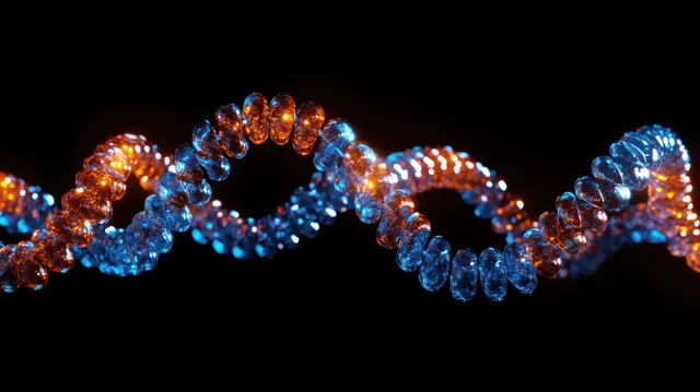 Glowing blue and orange DNA double helix molecular strands form a spiral on a dark black background.