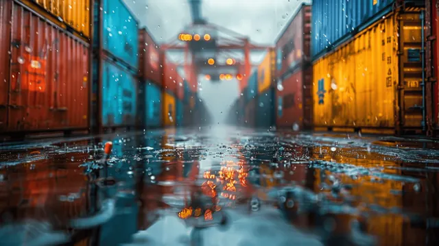 Cargo containers lined up on a dock during rain, wet reflections visible.