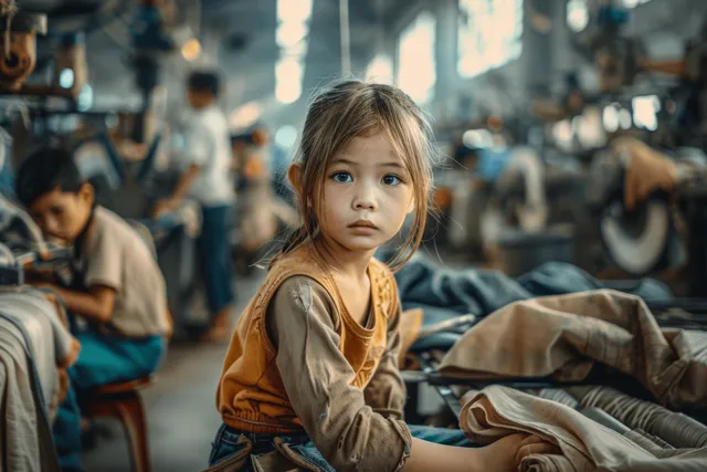 Young girl in a crowded textile sweatshop with blurred workers sewing behind her and fabric bundles in front.