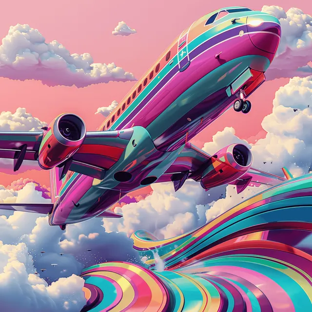 A 90s psychedelic cartoon airplane flies above pink clouds with rainbow swirl waves trailing behind.