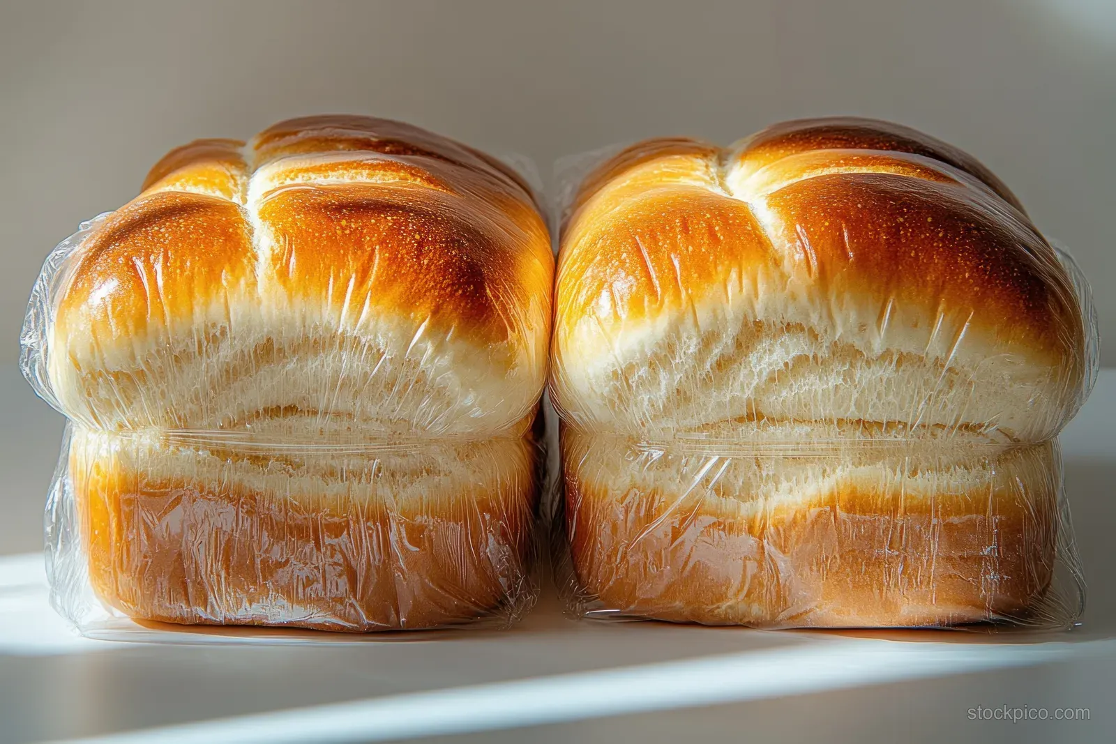 Two loaves of sliced bread are sealed in clear cellophane bags on a neutral background from a top view.