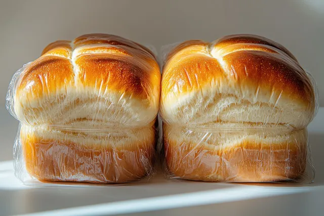 Sliced bread in clear cellophane packaging, top view on neutral background with soft highlights