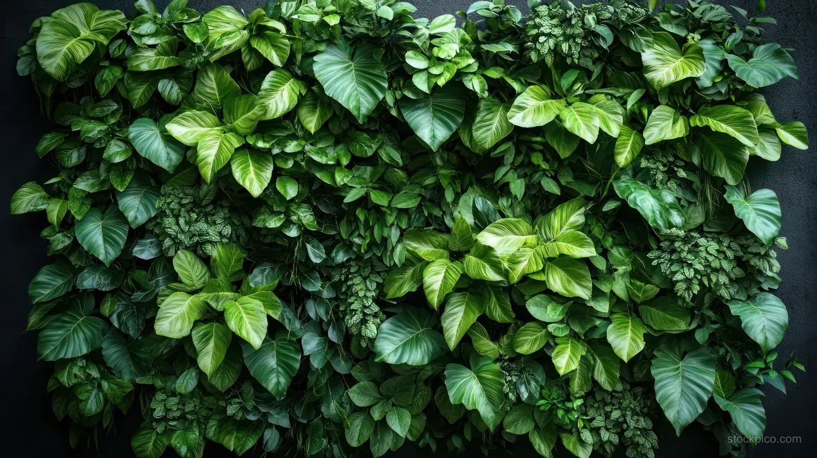 Dense tropical leaves cover a vertical garden wall with layered green foliage texture.