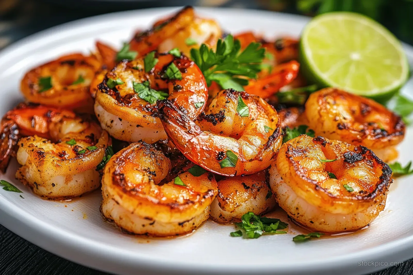 Close-up of grilled shrimp on a white plate topped with herbs and a lime wedge.