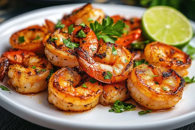 Grilled shrimp on a white plate, topped with herbs and lime wedge garnish
