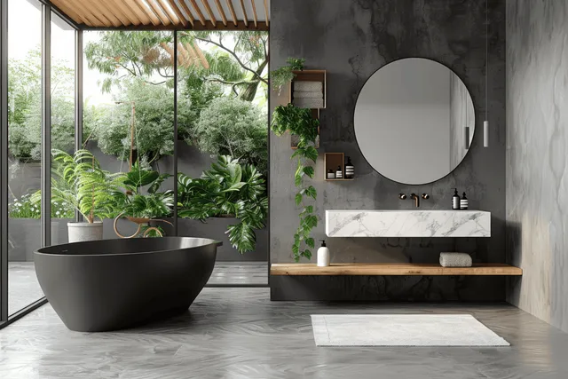 Contemporary bathroom with black soaking tub, marble vanity, round mirror, and green plants