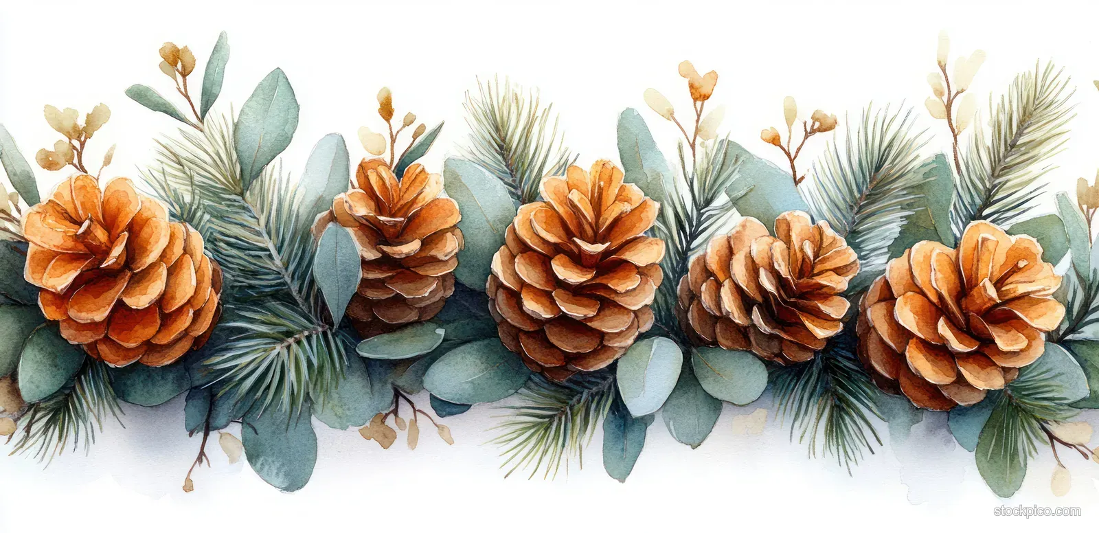Watercolor pinecone and evergreen leaf border with pine branches and soft winter tones.