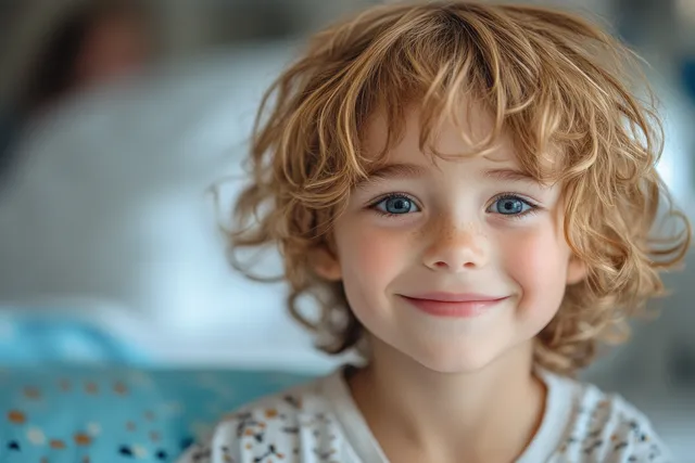 Smiling bald child sitting in a hospital bed with a blurred treatment room background.