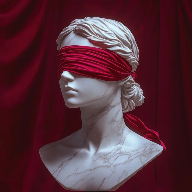 White marble woman bust with detailed hair and a deep red blindfold against draped red fabric.