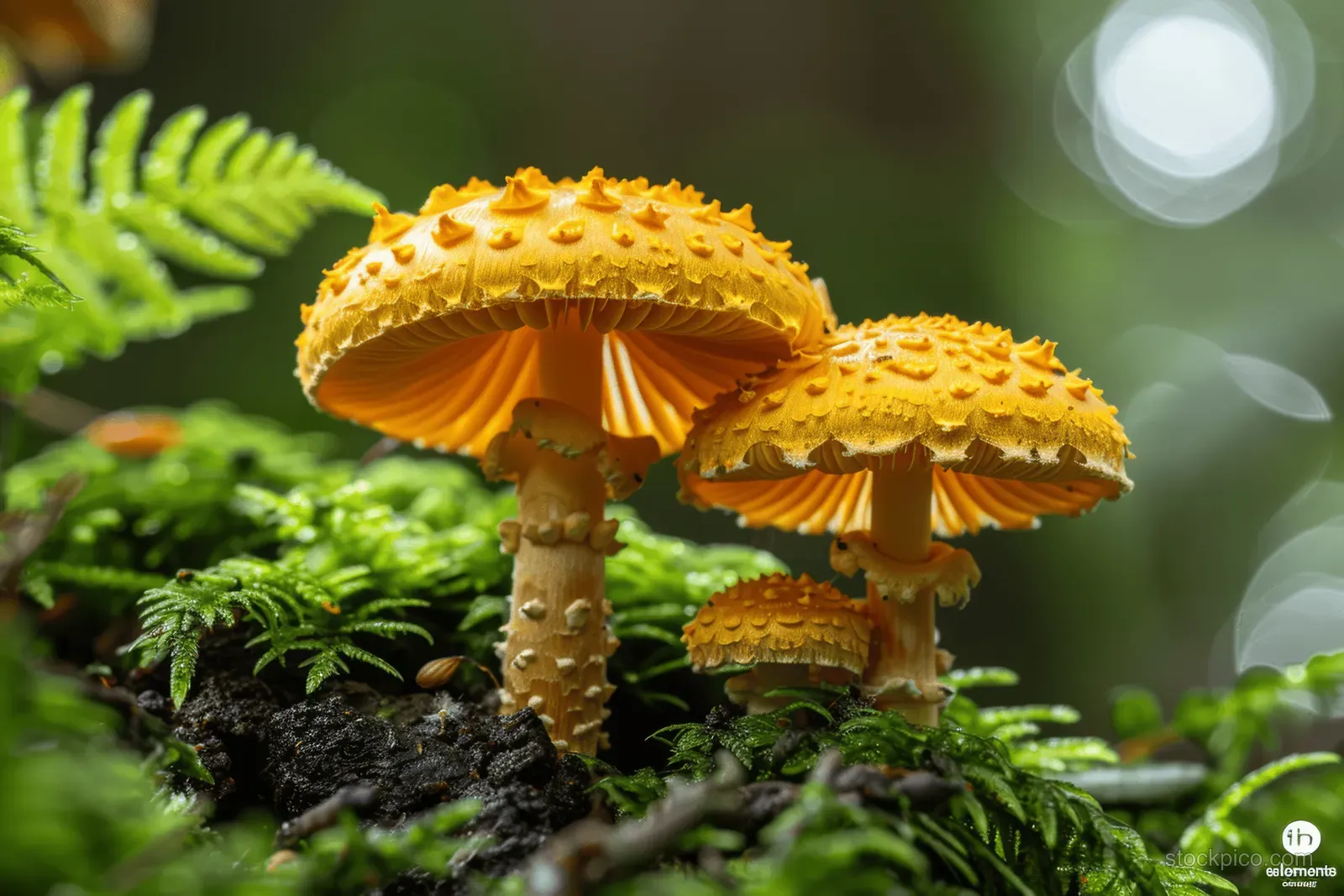 Golden chanterelle mushrooms sit on moist moss in a shaded forest with blurred light in the background.