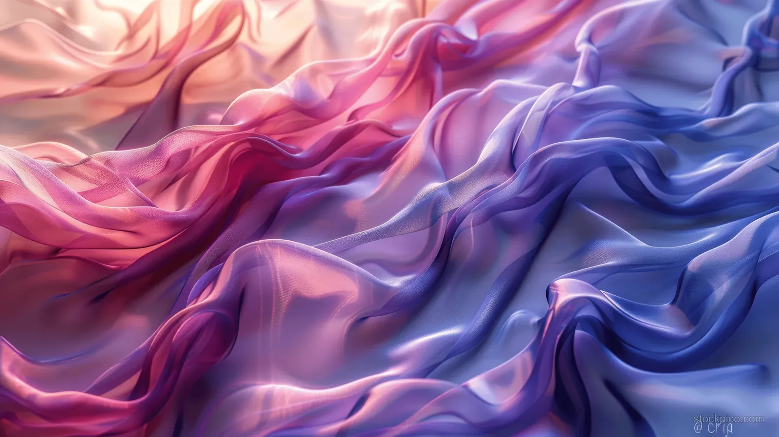 Iridescent blue and purple glass-like waves ripple across a smooth gradient background with glossy highlights.