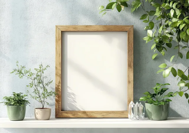 Wooden picture frame on a white shelf with green plants and clear crystals beside soft natural window light.