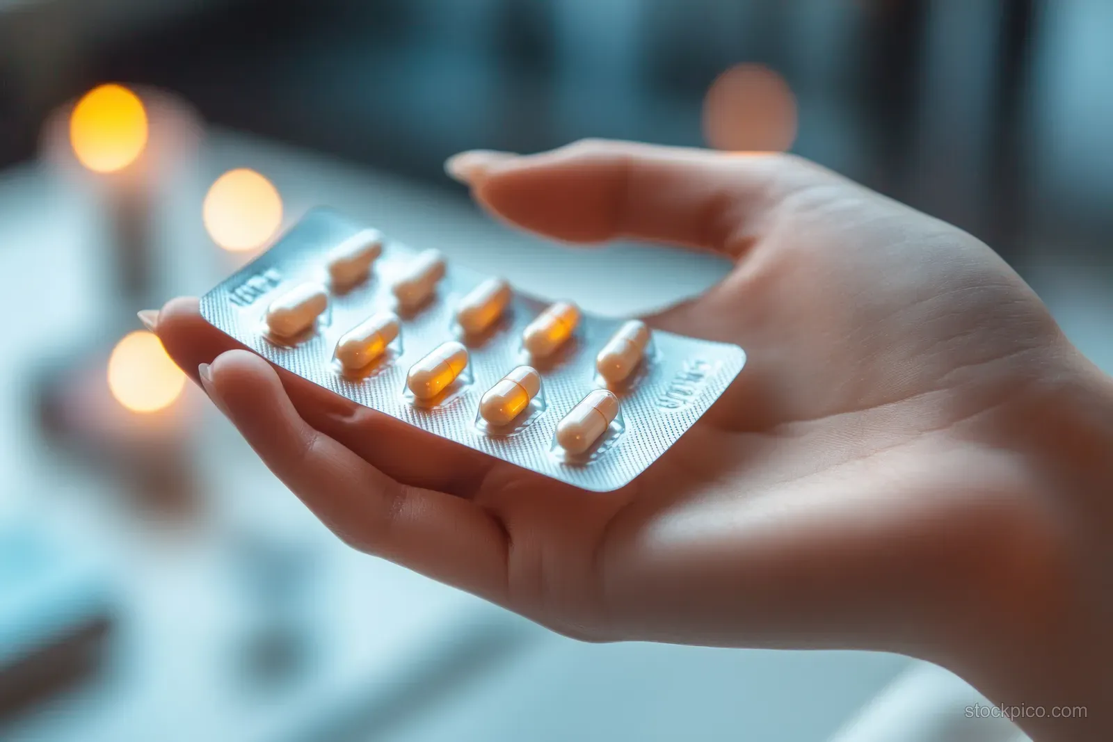 A young woman holds a blister pack of small painkiller tablets while preparing home treatment.