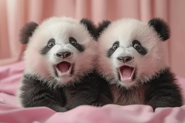 Two panda cubs scream with open mouths while nestled on pink bedding in a close-up.