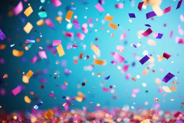 Colorful confetti falling over a party backdrop with warm bokeh lights