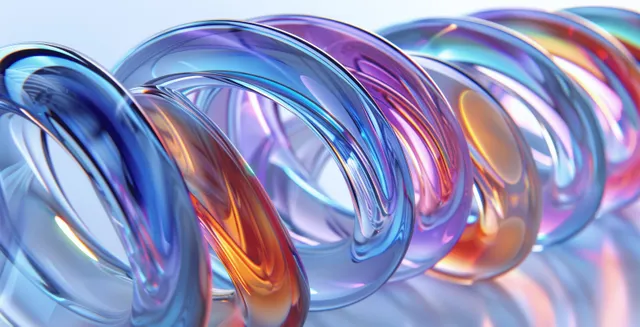 Iridescent glass rings close-up 3D render with rainbow reflections on white background
