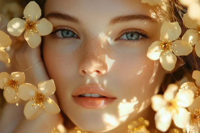 Blonde woman reclining in golden flower garden, sunlight glinting through petals