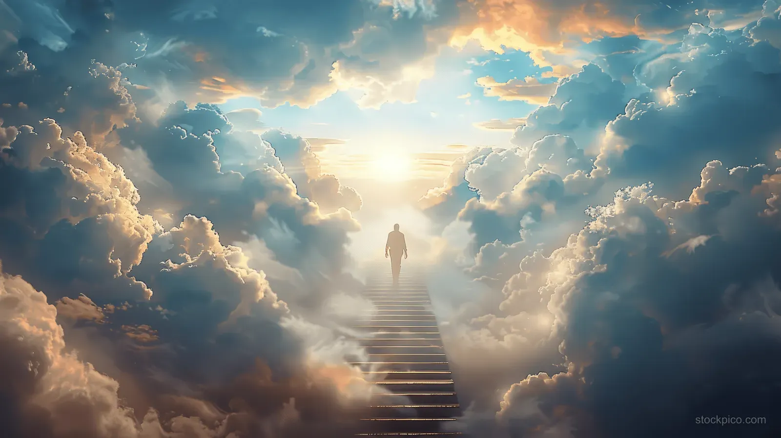A lone man climbs glowing stairs above clouds toward bright heavenly light and a distant figure.