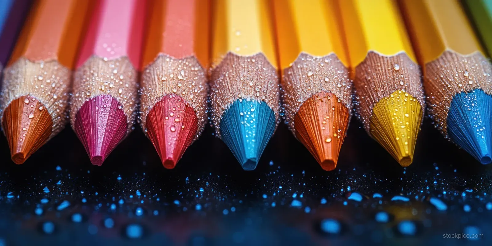 A row of sharpened colored pencils displays bright tips and wood grain texture against a dark glittery background.