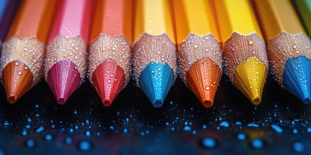 Colored pencils arranged in a circle with visible wood grain textures and bright pigment tips