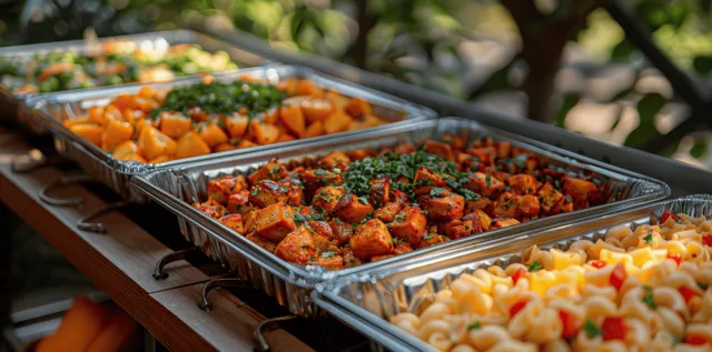 Roasted meat and diced fruit in metal buffet trays on a hotel catering table with shallow depth of field.