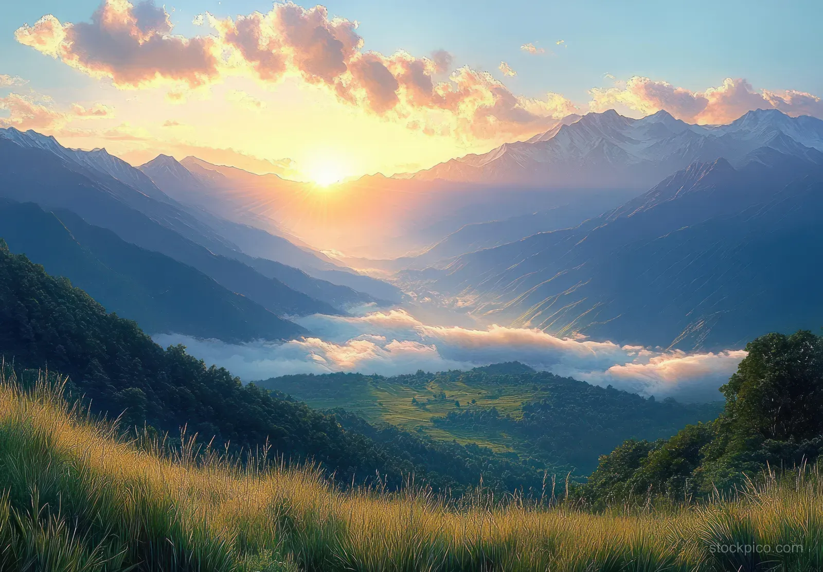 Sunrise over misty mountain ranges with green valley layers and tall grass in the foreground.