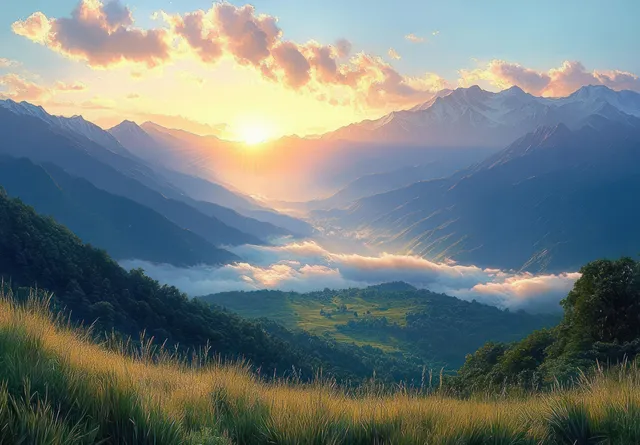 Sunrise backlighting misty mountain layers and green valley fields with tall foreground grass