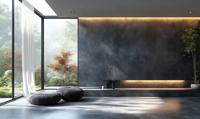 Minimalist living room lounge with dark wall, sheer curtains by a large window, warm strip lighting, and low cushions.