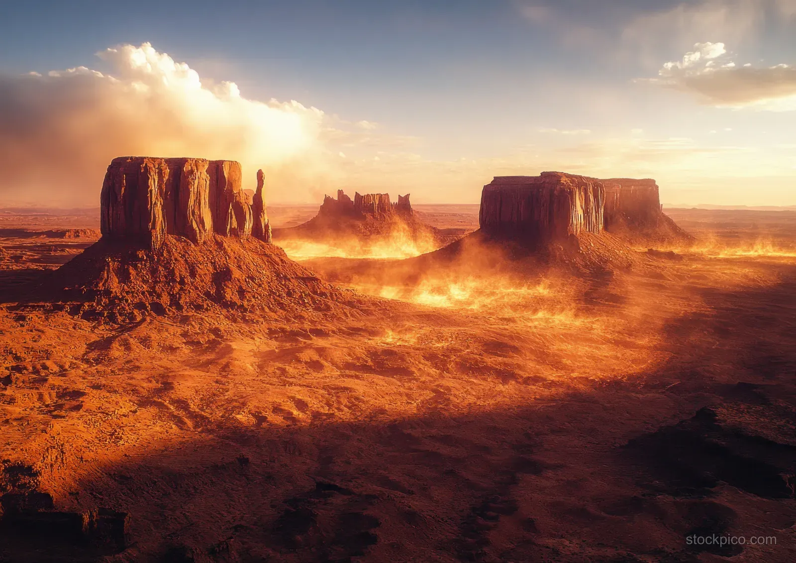 Aerial shot of Monument Valley red sandstone mesas glowing in golden-hour haze across desert terrain.