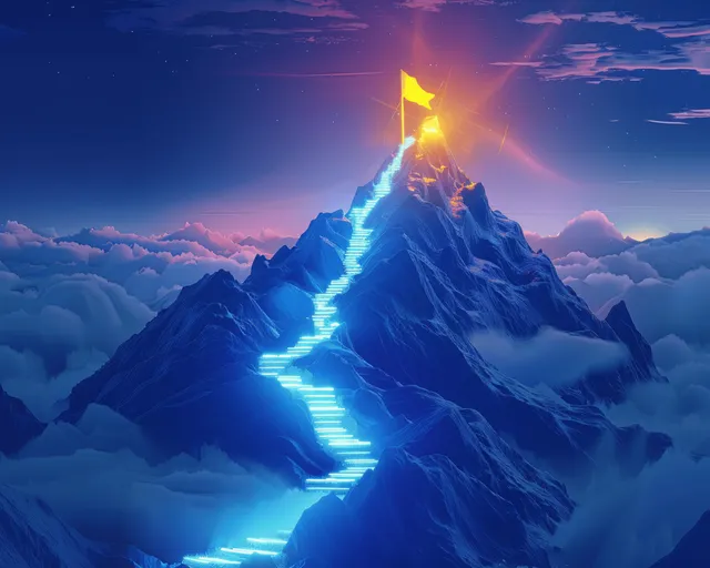 A snowy mountain summit glows with blue step-like light leading to a yellow victory flag above clouds.