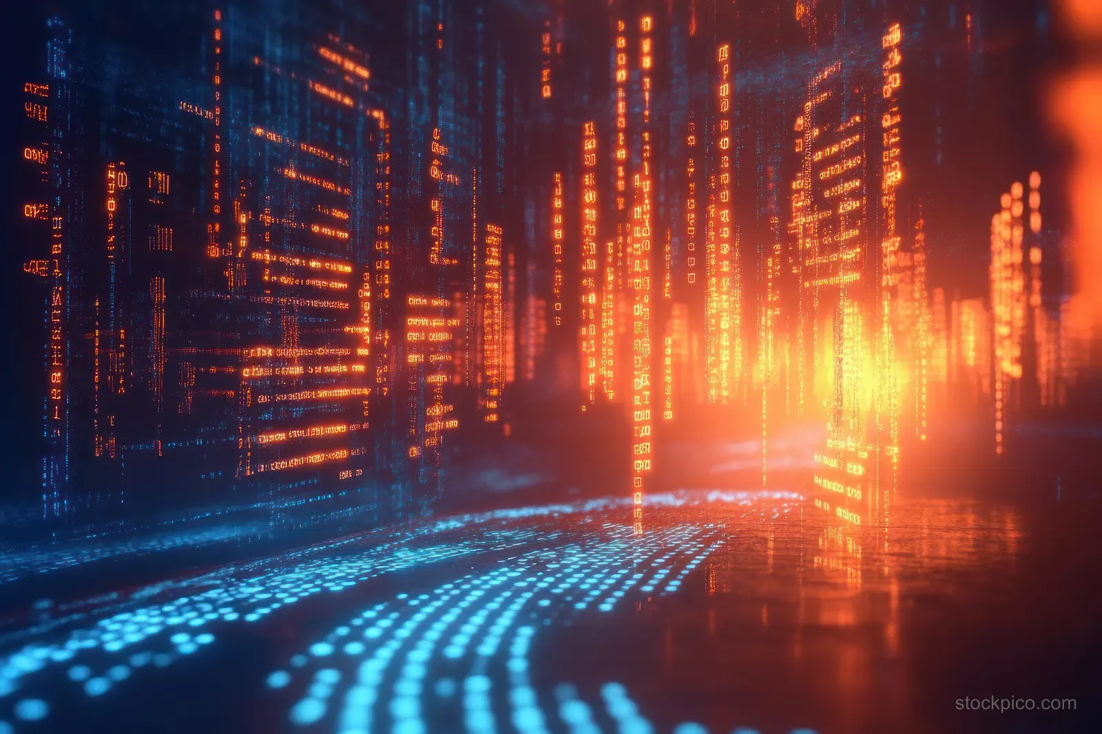 A vibrant cyberpunk landscape filled with glowing binary code and abstract data streams in a neon-lit digital environment.
