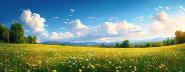 Golden-hour sunlight highlights dandelion flowers across a green meadow beneath a bright blue sky.