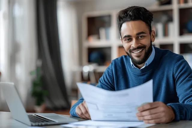 Happy businessman in blue sweater reviewing documents while working from home on a laptop