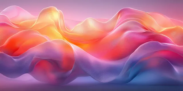 Iridescent ribbon waves in futuristic abstract art with soft ambient light on pale backdrop