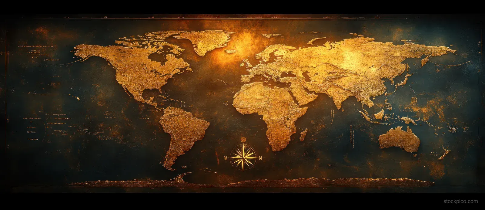 Vintage world map on aged parchment with grunge texture and warm glowing compass-like accents.