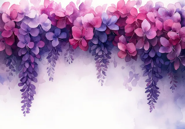Watercolor wisteria vines cascading across a textured white wall with lilac purple blossoms