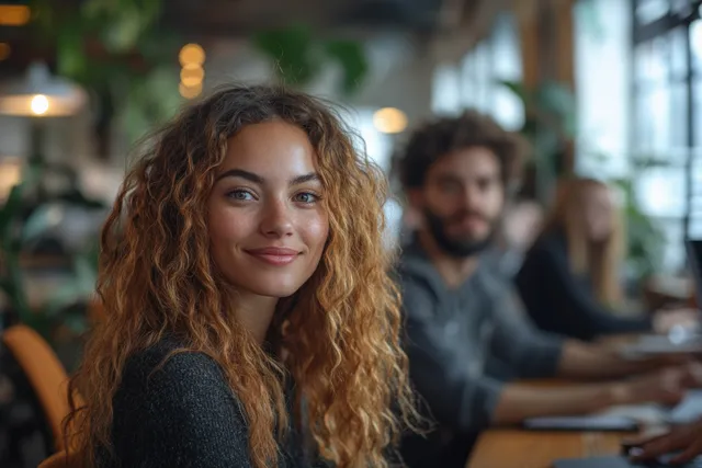 A smiling young woman listens in a modern office meeting as coworkers talk behind her.