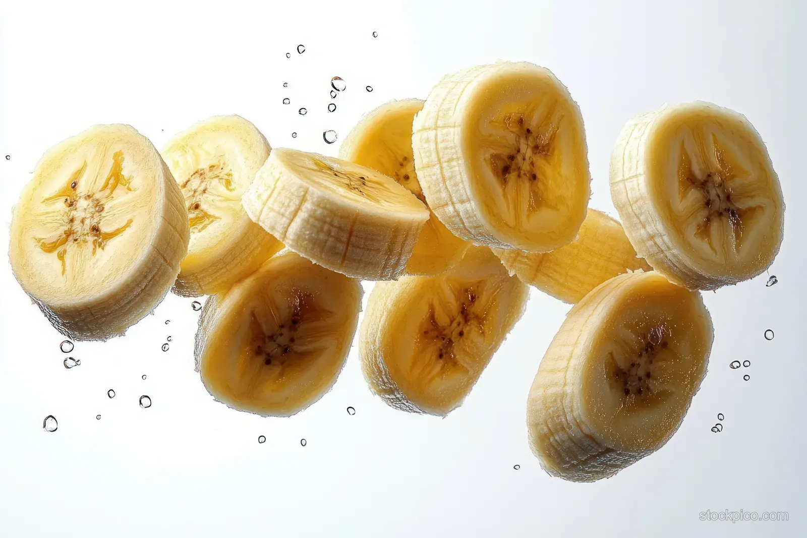 Banana slices float in clear water with bubbles against a white background.