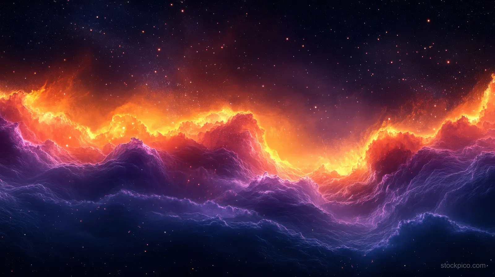 Orange and purple swirling lightning clouds glow across a starry cosmic landscape in deep space.
