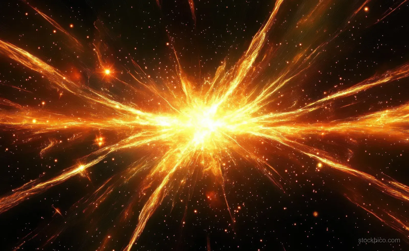 A golden cosmic starburst explosion radiates fiery sparks and glowing particles through a dark space background.