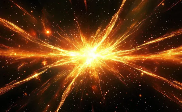 A golden cosmic starburst explosion radiates fiery sparks and glowing particles through a dark space background.