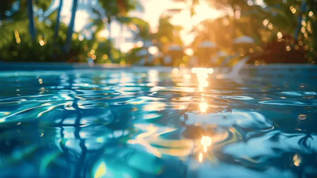 Tropical seaside pool shimmering with sunlight reflections and palm-lined calm water